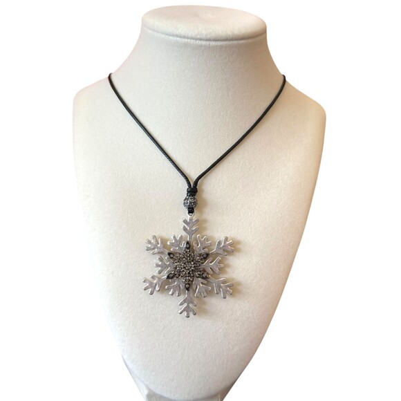 J. Jill Rhinestone Snowflake Pendant Necklace Reversible Adjustable Cord Rustic - Picture 2 of 16